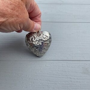 Puff Heart Pendant Silvertone Metal Victorian Style etched 2” tall